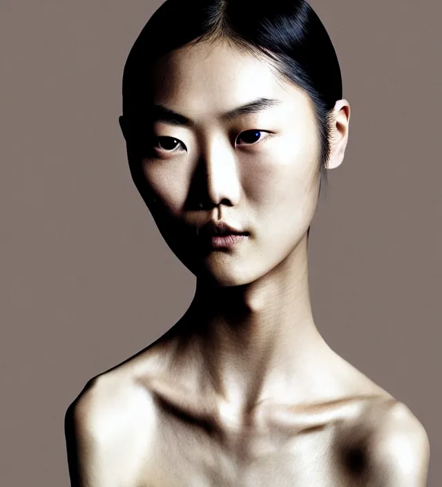 Image similar to photography facial portrait of liu wen, natural background, natural pose, wearing stunning cape by iris van herpen, with a colorfull makeup. highly detailed, skin grain detail, photography by paolo roversi, nick knight, helmut newton, avedon, araki