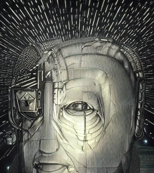Prompt: profile picture of locutus of borg, surrounded by beams of light dark background by wayne barlow, stanley donwood, anton semenov, zdzislaw bekinski, hr giger, 8 k, fantasy, dark, highly detailed