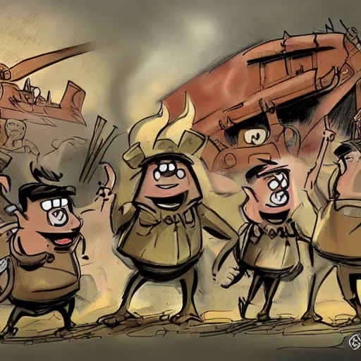 Image similar to flinstones world war 2, concept art, cartoon, sketch