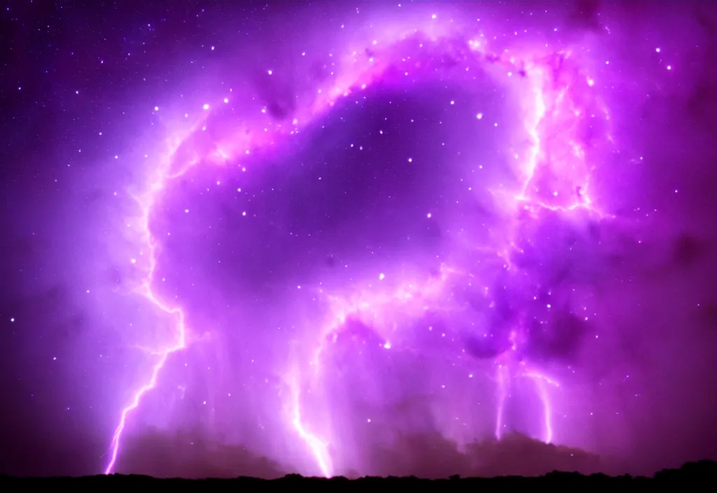 Prompt: purple color lighting storm tornado trippy nebula sky