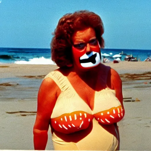 Image similar to 1981 woman on tv show wearing a happy squishy inflatable prosthetic mask, soft color wearing a swimsuit at the beach 1981 color film 16mm holding a an inflatable fish Fellini John Waters Russ Meyer Doris Wishman old photo