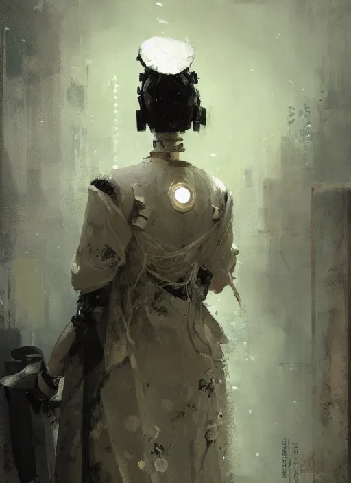 Image similar to geisha robot, rule of thirds, intricate outfit, spotlight, by greg rutkowski, by jeremy mann, digital painting