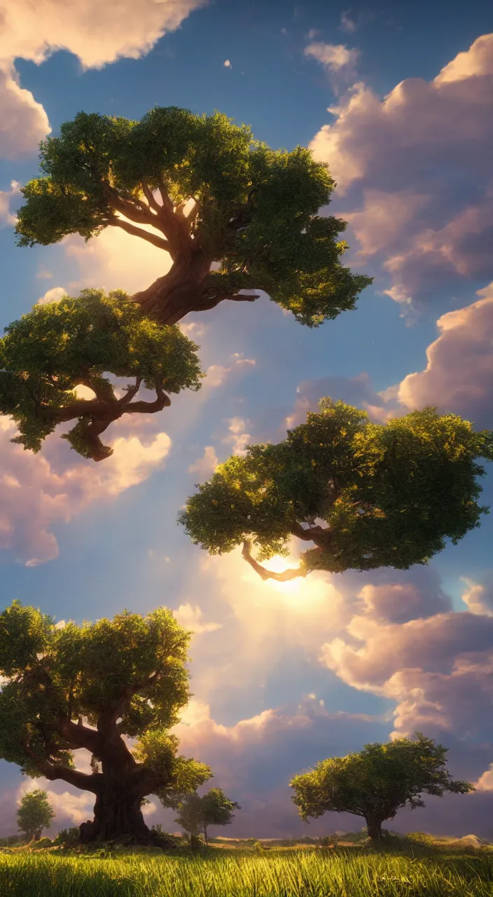 Image similar to a gigantic oak reaching the sky, detailed clouds, sunbeams, heavenly color scheme, unreal engine