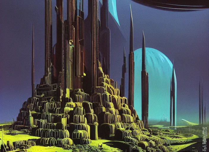 Image similar to ground view of a utopia future city. style by peter elson and eyvind earle.