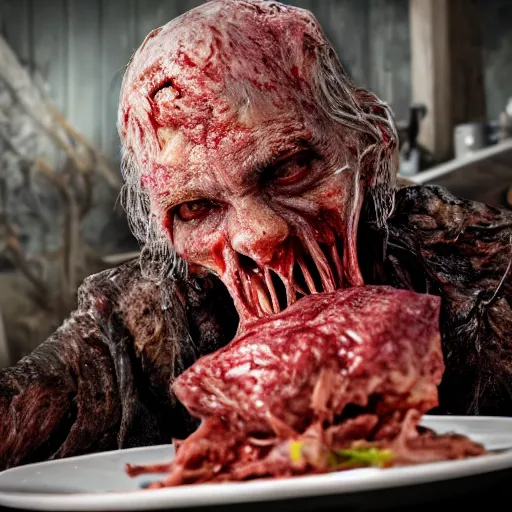 Image similar to an ultra realistic 8 k hdr photo of an elderly haggered raggedy zombie vampire eats a plate of skin and meat and blood and bones and tendons scary picture