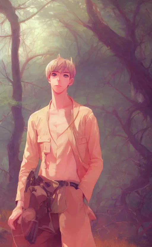 Prompt: a portrait of a male character on an arid forest, vivid colors, soft lighting, atmospheric, cinematic, moody, in the style of ilya kuvshinov and range murata, krenz cushart, rule of thirds, oil on canvas, 8 k