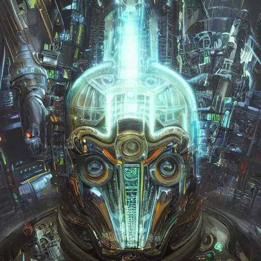 Prompt: low angle shot of a cyberpunk gazmask multicolored robot character, intricate, elegant, highly detailed, centered, digital painting, artstation, concept art, smooth, sharp focus, illustration, artgerm, Tomasz Alen Kopera, Peter Mohrbacher, donato giancola, Joseph Christian Leyendecker, WLOP, Boris Vallejo