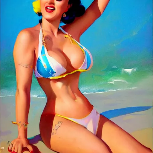 Image similar to pinup art of katy perry in a bikini, artwork by greg manchess, medium shot, asymmetrical, organic painting, sunny day, matte painting, bold shapes, hard edges, street art, trending on artstation, by huang guangjian and gil elvgren and sachin teng