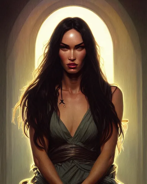 Prompt: portrait of megan fox crying, tears, weeping, intricate, headshot, highly detailed, digital painting, artstation, concept art, sharp focus, cinematic lighting, illustration, art by artgerm and greg rutkowski, alphonse mucha, cgsociety