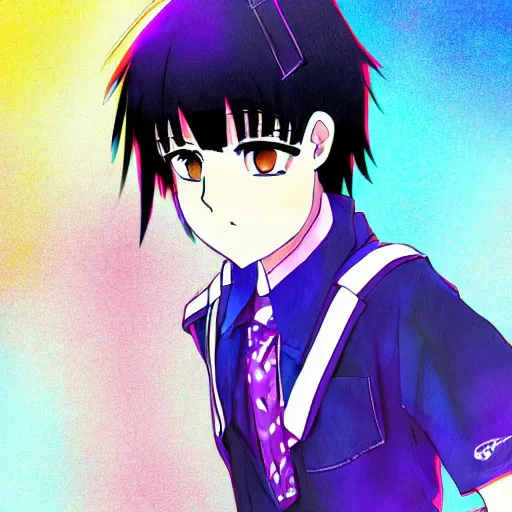 Image similar to small boy with black hair and blue purple eye, school uniform, anime style, hyper detailed, illustration, digital painting