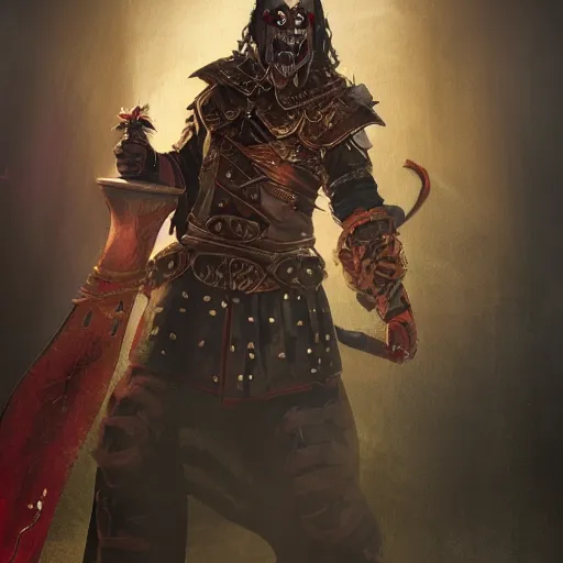 Image similar to an oil art portrait of young handsome pale roma, grim dark jester from gwent cards, gipsy blood mage with great sword character design from inquisition, 4 k, ultra detail, volumetric lighting, unreal engine, octane render, [ tarot card ]!