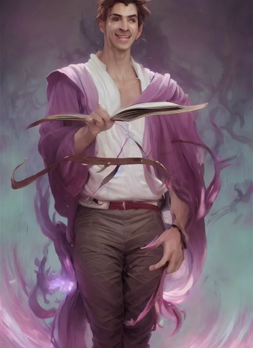 Image similar to character concept portrait of an attractive young smiling Spanish wizard with pink skin conjuring a love spell, a floating iridescent spell book in the center, intricate, elegant, digital painting, concept art, smooth, sharp focus, illustration, from Metal Gear, by Ruan Jia and Mandy Jurgens and William-Adolphe Bouguereau, Artgerm