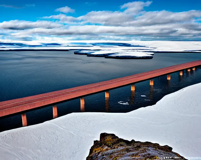 Image similar to the biggest iron concrete bridge ever built. Spanning the arctic sea, connecting two distant lands