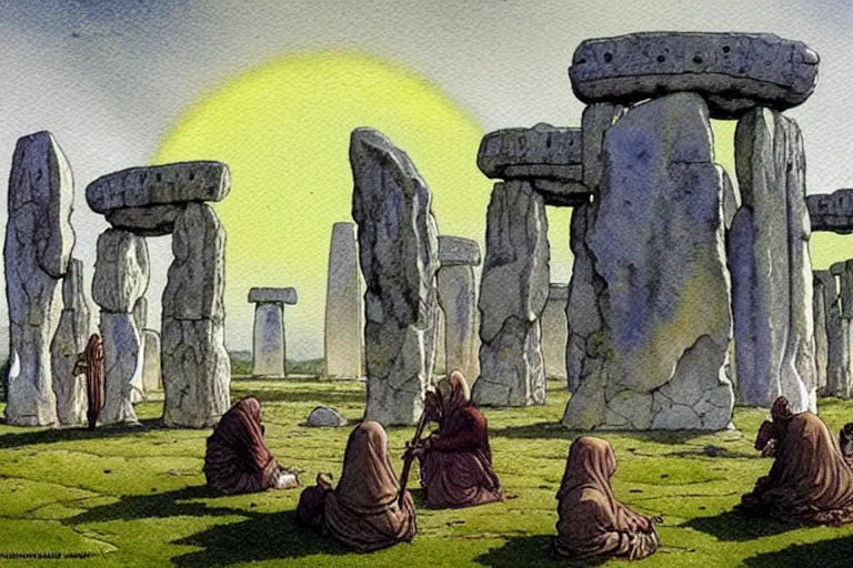 Image similar to a realistic and atmospheric watercolour fantasy concept art of a ufo landing in stonehenge. one dirty medieval monk in grey robes is pointing up at the ufo. muted colors. by rebecca guay, michael kaluta, charles vess and jean moebius giraud