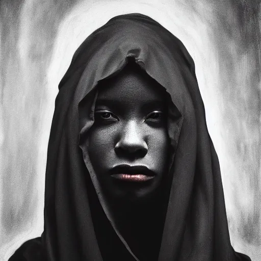 Image similar to a portrait of a young black woman wearing a long dark cloak, hood and shadows covering face, anatomically correct, beautiful perfect face, enigmatic, oil painting, matte painting, black background, Volumetric dynamic lighting, Highly Detailed, Cinematic Lighting, Unreal Engine, 8k, HD, by Beksinski