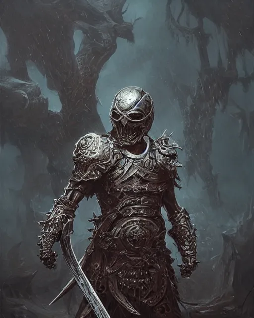 Image similar to skeletal warrior, intricate helm wielding a sword, hyper realistic, fantasy art, in the style of greg rutkowski, intricate, hyper detailed, smooth