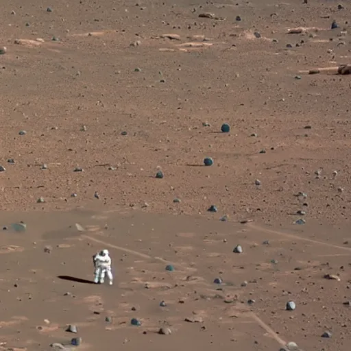 Prompt: an astronaut watching a bunch of aliens play soccer on mars from sidelines