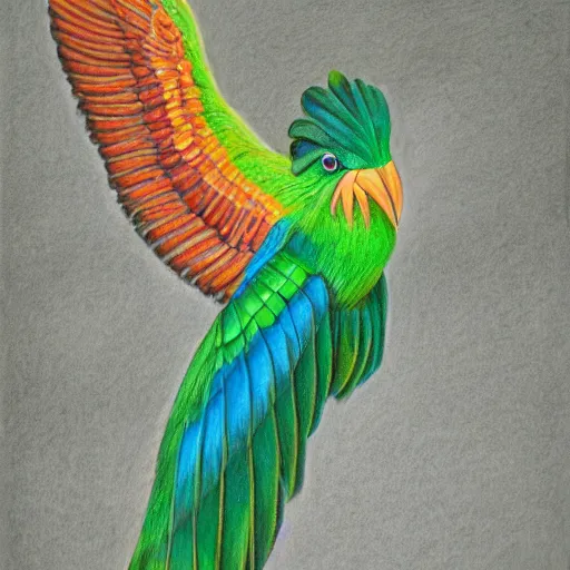 Image similar to a color pencil drawing of a quetzal by natalia rojas and ana maria martinez jaramillo, pastel color, in the style of wingspan artworks, realistic graphite, high quality, artstation, 4 k, realism, photorealism, fine art