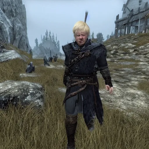 Image similar to boris johnson in skyrim, videogame cutscene