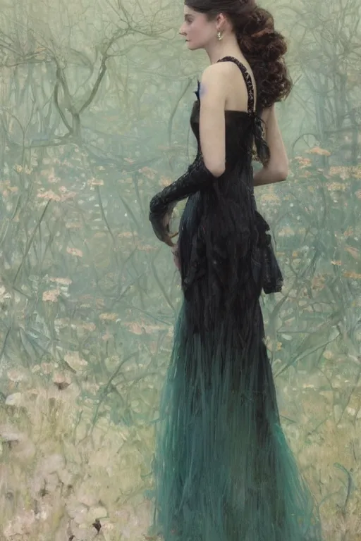 Prompt: a portrait of a young woman wearing a black evening dress, black transparent lace, messy bun hairstyle, delicate face, looking away, cinematic, intricate details and textures, harsh lighting, epic pose, in front of a blue - green wall, by jeremy lipking, artgerm, alphonse mucha, greg rutkowski, serge marshennikov, artstation