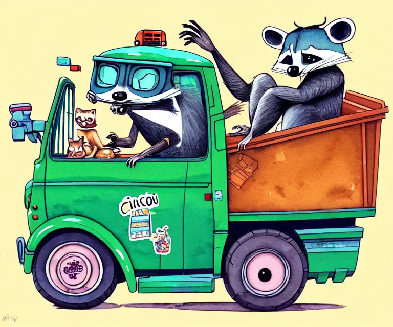 Image similar to cute and funny, racoon riding in a garbage truck, ratfink style by ed roth, centered award winning watercolor pen illustration, isometric illustration by chihiro iwasaki, edited by range murata, tiny details by artgerm and watercolor girl, symmetrically isometrically centered, sharply focused