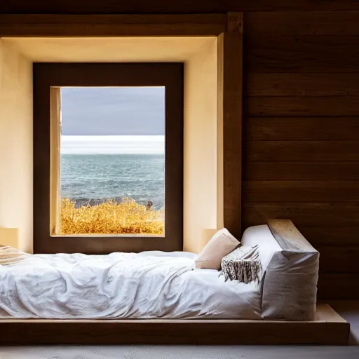 Prompt: interior desing magazine photo of a big window with a wooden frame to sit on, some sandy yellow pillows, great architecture, ambient light, 8k