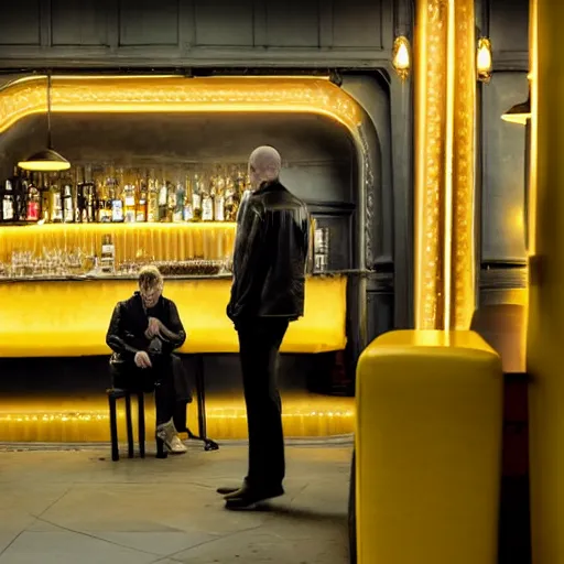 Image similar to a portrait of a lonely man in a leather jacket sitting in a bar full of people, the other people are all dressed in yellow protective suits, in the style of edward hopper, 4 k,