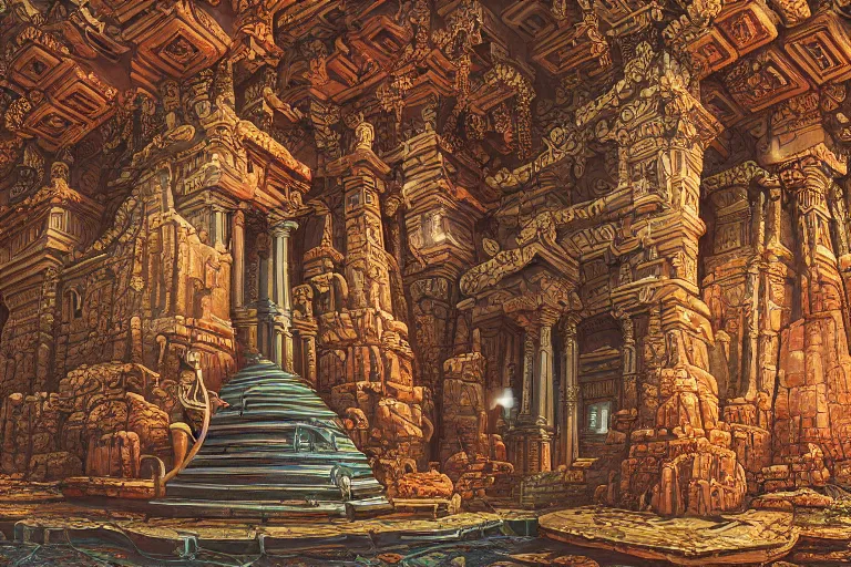 Prompt: Detailed render of an ancient intricate and ornate temple in canyon by Michael Whelan and Benjamin Lacombe and Megan Duncanson, super details, colorful, ornate background, intricate details