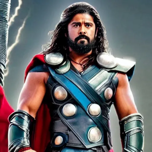 Image similar to film still of rocking star yash as thor in thor ragnarok