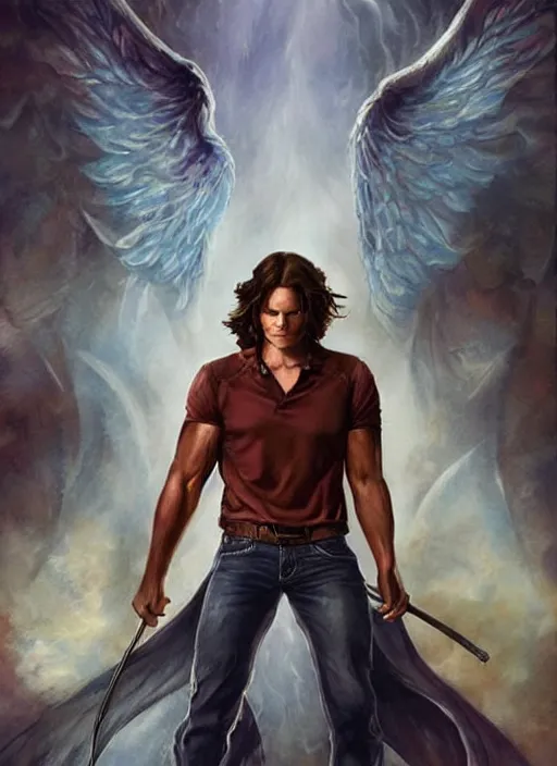 Prompt: beautiful! Sam Winchester as a muscular angel starring a urban fantasy romance book cover, D&D!, fantasy style, sharp focus!, ultra detailed, art by Artgerm and Peter Andrew Jones, WLUP