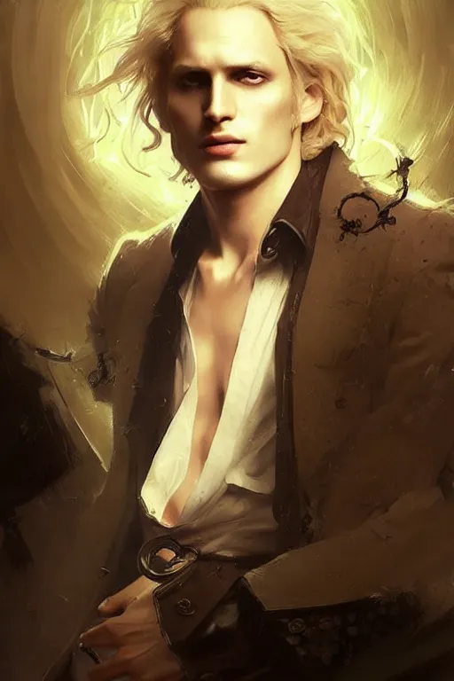 Image similar to johan liebert mixed with alucard picture by Greg Rutkowski, long fluffy blond curly hair, baroque curls, dynamic pose, matte painting, intricate, z brush, fantasy concept art, elegant, with a pot belly, by Stanley Artgerm Lau, WLOP, golden ratio, thomas kindkade, alphonse mucha, loish, Peter chung, norman Rockwell,