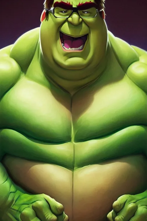 Image similar to Peter Griffin as Hulk, Hulk costume, Peter Griffin hairstyle, Hulk body type, Peter Griffin Face, calm, grumpy, portrait, masculine figure, highly detailed, digital painting, artstation, concept art, smooth, sharp focus, illustration, cinematic lighting, art by artgerm and greg rutkowski and alphonse mucha