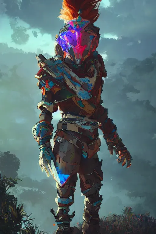 Image similar to combination suit armor aloy horizon forbidden west horizon zero dawn radiating a glowing aura global illumination ray tracing hdr fanart arstation by ian pesty and alena aenami artworks in 4 k tribal robot ninja mask helmet backpack