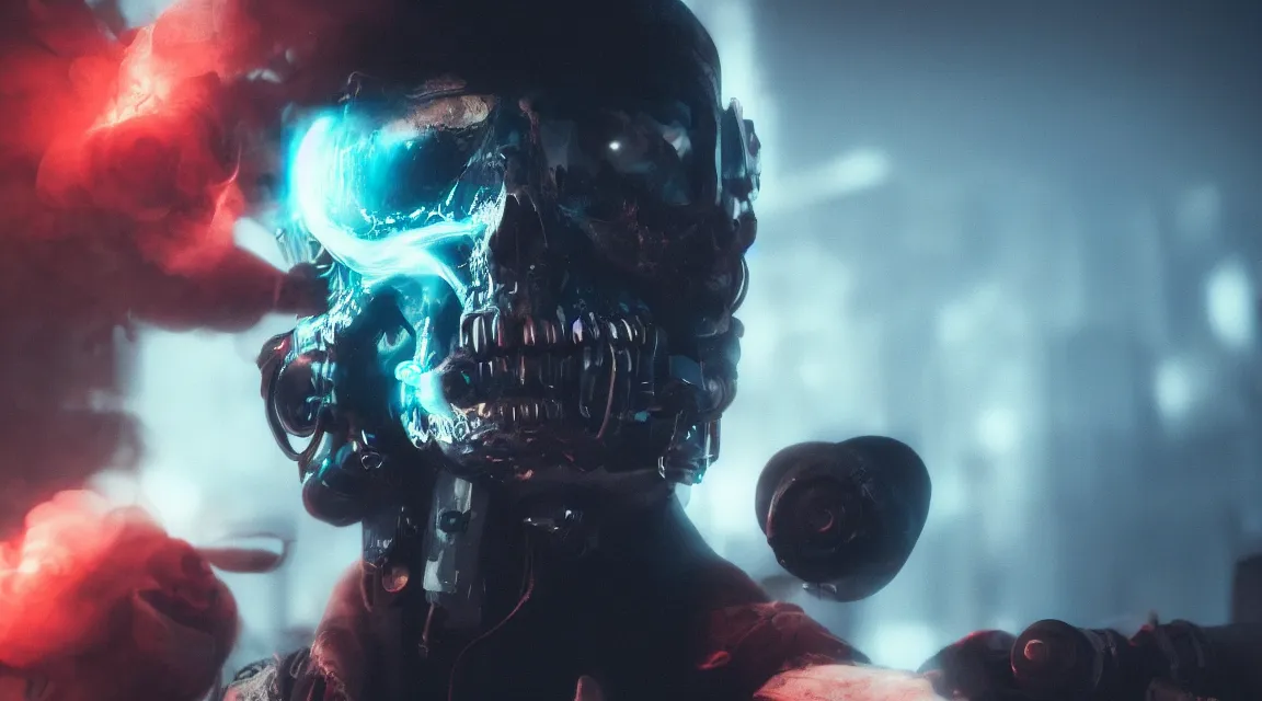 Prompt: cyberpunk skull with smoke in background Canon, fr100mm, octane render, photorealistic, hard-ops, detailed, sci-fi, cinematic, 8k no blur, volumetric lightning