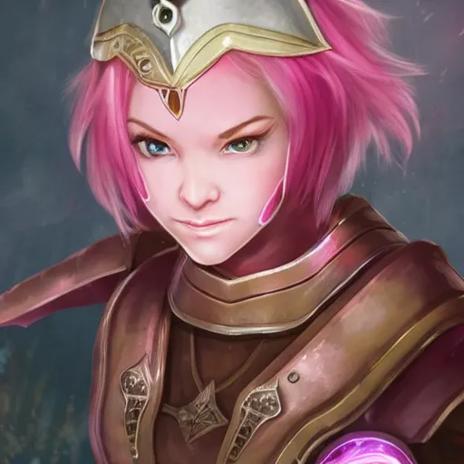 Image similar to beautiful, pink short haired, half elf woman, healer wearing cleric clothing and holding a shield, dungeons and dragons, character portrait, full face render, crimson eye color, illustration drawing, cell shaded, anime style 4 k, 8 k, hyper detailed, back lighting