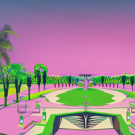 Prompt: art deco vaporwave illustration of a green park in a futuristic pastel city