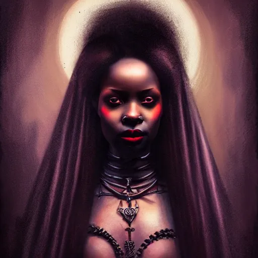 Image similar to Portrait of a riveting African vampire woman!, atmospheric lighting, gothic makeup, intricate, Transylvanian castle, volumetric lighting, beautiful, starlit sky, sharp focus, ultra-detailed, by Tom Bagshaw Leesha Hannigan, Ross Tran, Thierry Doizon, Kai Carpenter, Ignacio Fernández Ríos