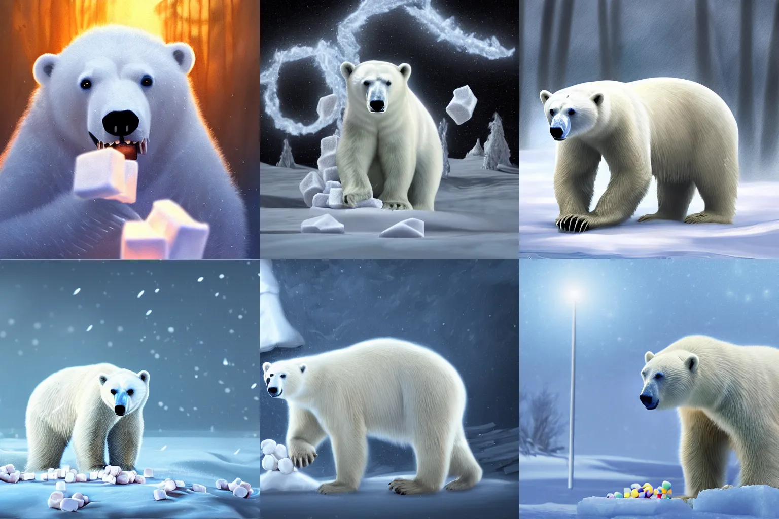 Prompt: A polar bear eating marshmallows in a blizzard. Award-winning digital art, 4k, trending on ArtStation, f/4