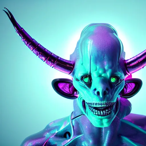 Image similar to synthwave demonic alien face with neon horns, detailed face, sharp focus, synthwave art, aesthetic, octane render, raw, cinematic