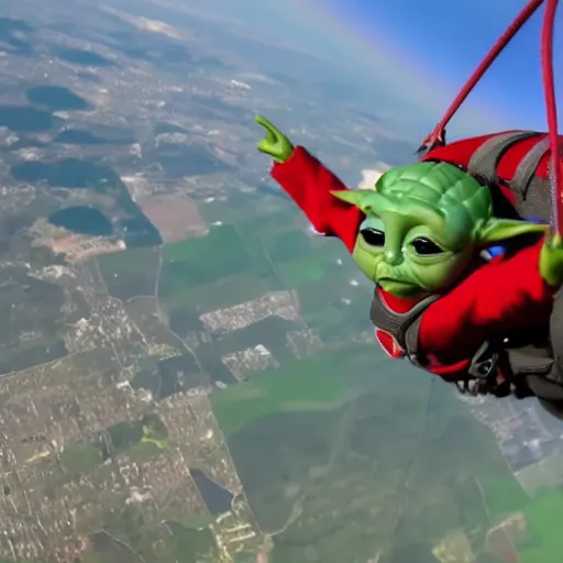 Image similar to baby yoda skydiving, realistic, highly detailed, cinematic