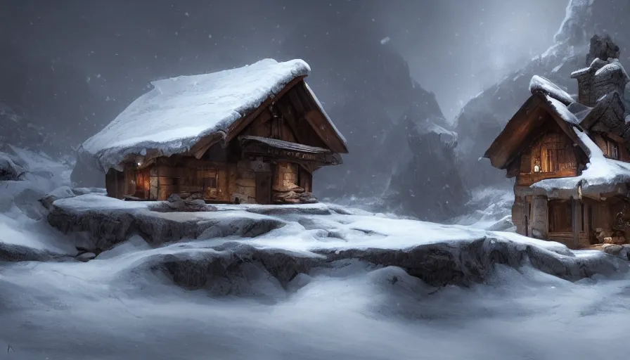 Image similar to Small wooden house built inside a snowy cave, hyperdetailed, artstation, cgsociety, 8k