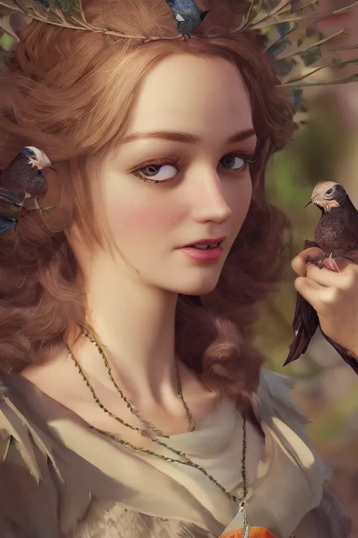 Image similar to close up 3 d render of english princess holding birds, beautiful face, realistic face, closeup, ornaments, mucha vibe, dieselpunk, solarpunk, artstation, andrei riabovitchev