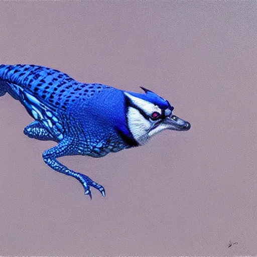 Image similar to a detailed oil painting of a crocodile blue jay hybrid, intricate, trending on artstation, well - lit, by michael whelan, james gurney, and donato giancola - w 7 0 0