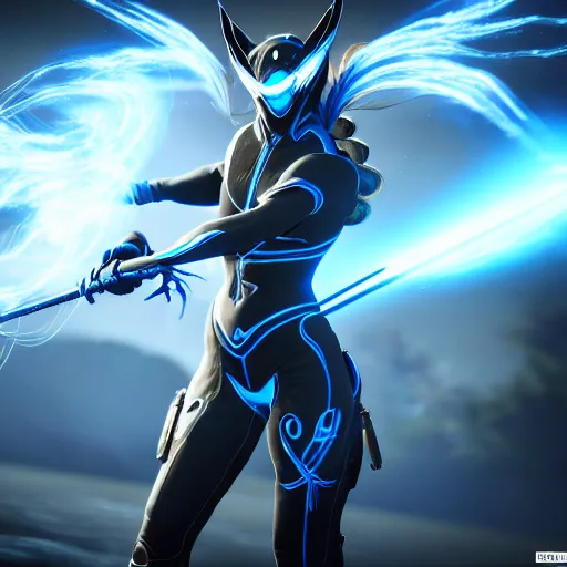 Prompt: photograph of (female) wisp!!!!!!!! warframe holding a katana!!!!!!!, 8k resolution, high detail, ULTRA REALISTIC VFX, reflections