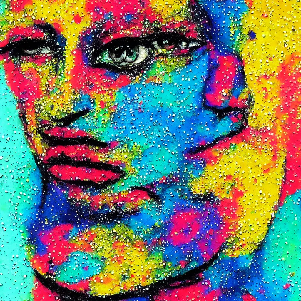 Image similar to intricate face with dots of paint melting in to a colorful painting made of gouache impasto