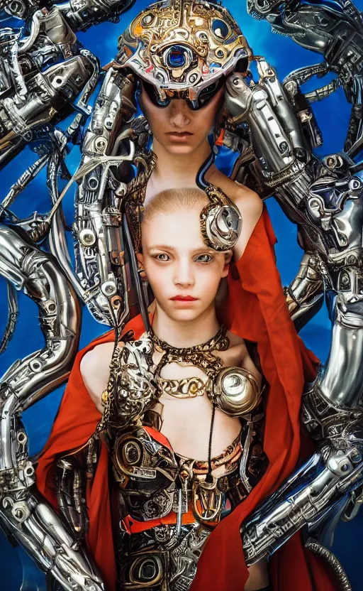 Prompt: the young cyborg girl, piercing glowing eyes, fashion ornate royal armor, striking composition, highly detailed ornate sci fi background, vogue poses, striking composition, vivid details, wires, glowing tubes, beautiful composition, mural in the style of sandro botticelli, caravaggio, albrecth durer, 8k