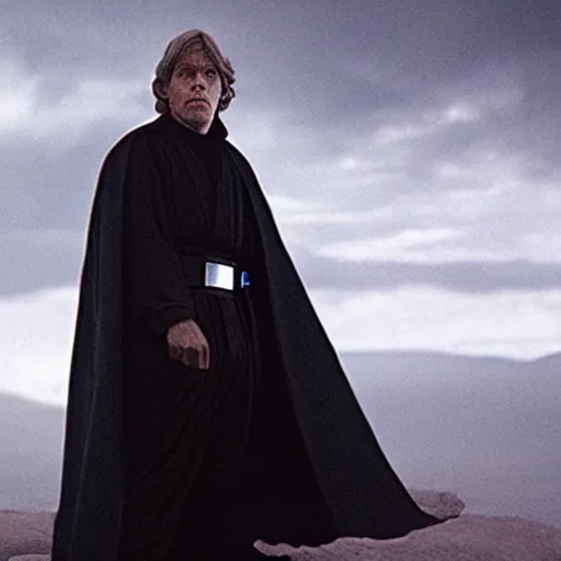 Prompt: A film still of Luke skywalker as a sith lord realistic,detailed