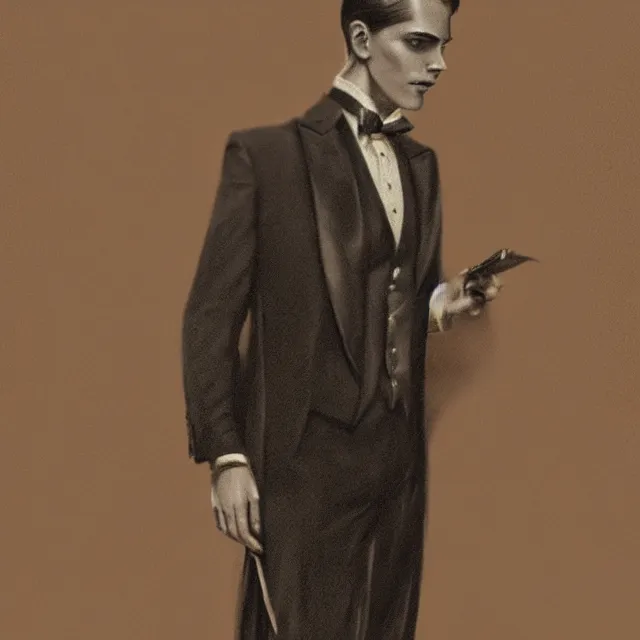 Image similar to ultrarealistic sepia portrait of a 1 9 2 0 s era male magician, well dressed, slicked - back hair, long - tailed tuxedo coat, black bow tie, atmospheric lighting, dark, brooding, painted, intricate, ultra detailed, well composed, best on artstation, cgsociety, epic, stunning, gorgeous, intricate detail, much wow, masterpiece