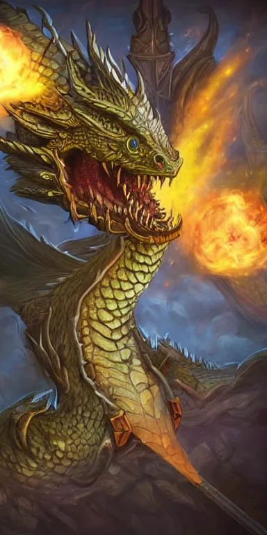 Image similar to draconic staff, dragon staff, dragon head on top of the staff, glowing draconic staff, epic fantasy style art, fantasy epic digital art, epic fantasy weapon art, hearthstone style art