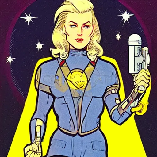 Image similar to a stoic heroic butch blonde emotionless woman, with very short slicked - back hair. she is dressed as an atompunk space hero. well composed, clean elegant painting, beautiful detailed face. comic book art by steve ditko and jack kirby and ( alphonse mucha )